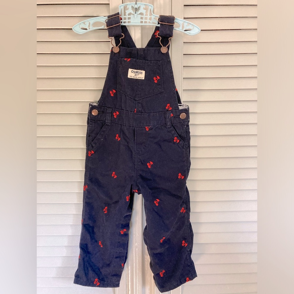 Oshkosh B’Gosh 18 month Girls Cherry Print Overalls Navy Blue Red Embroidered